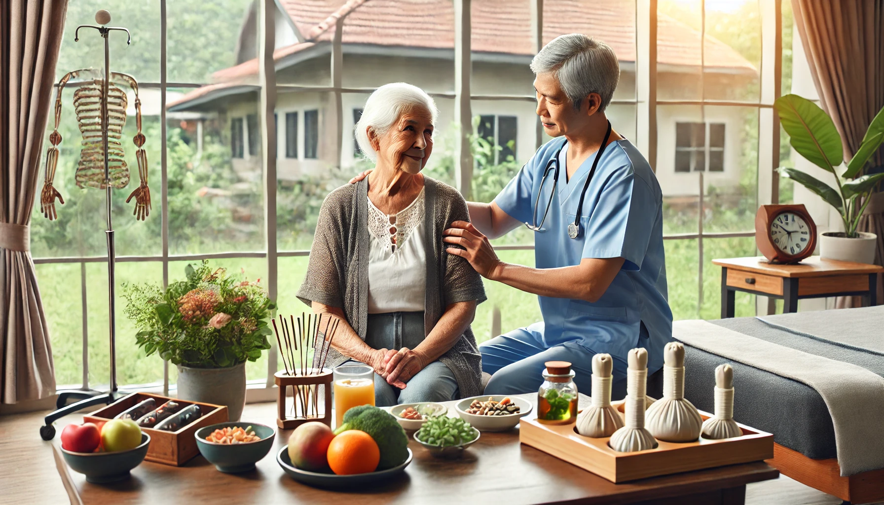 Elderly resident in a senior care facility receiving integrative treatment for chronic conditions