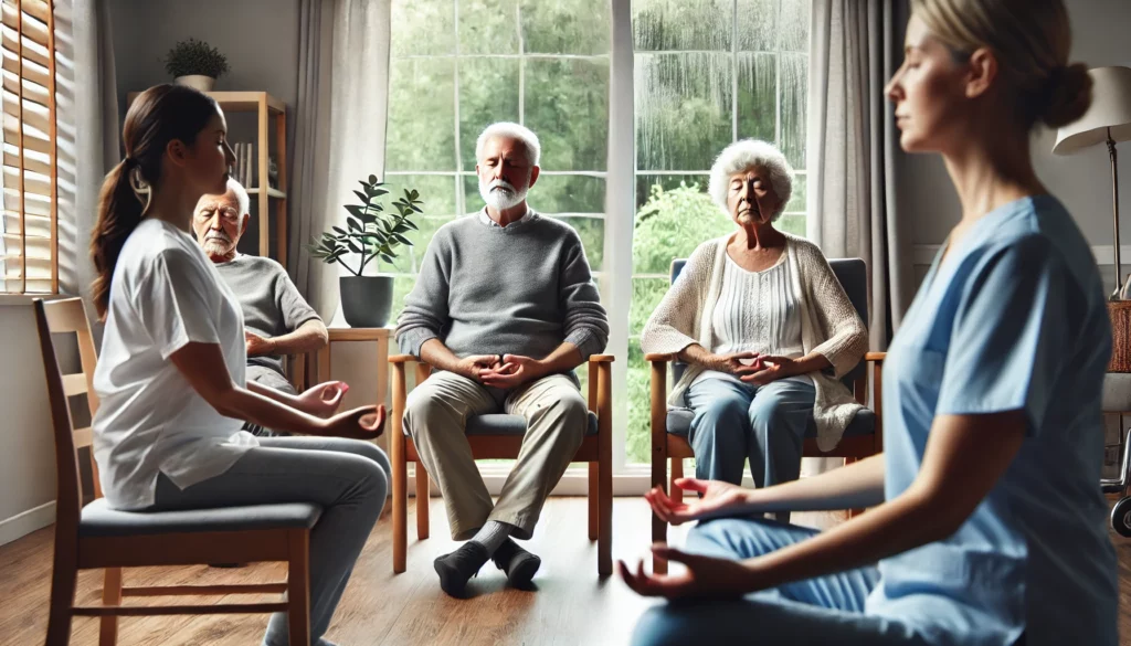 Senior care facility where elderly residents are practicing mindful breathing exercises