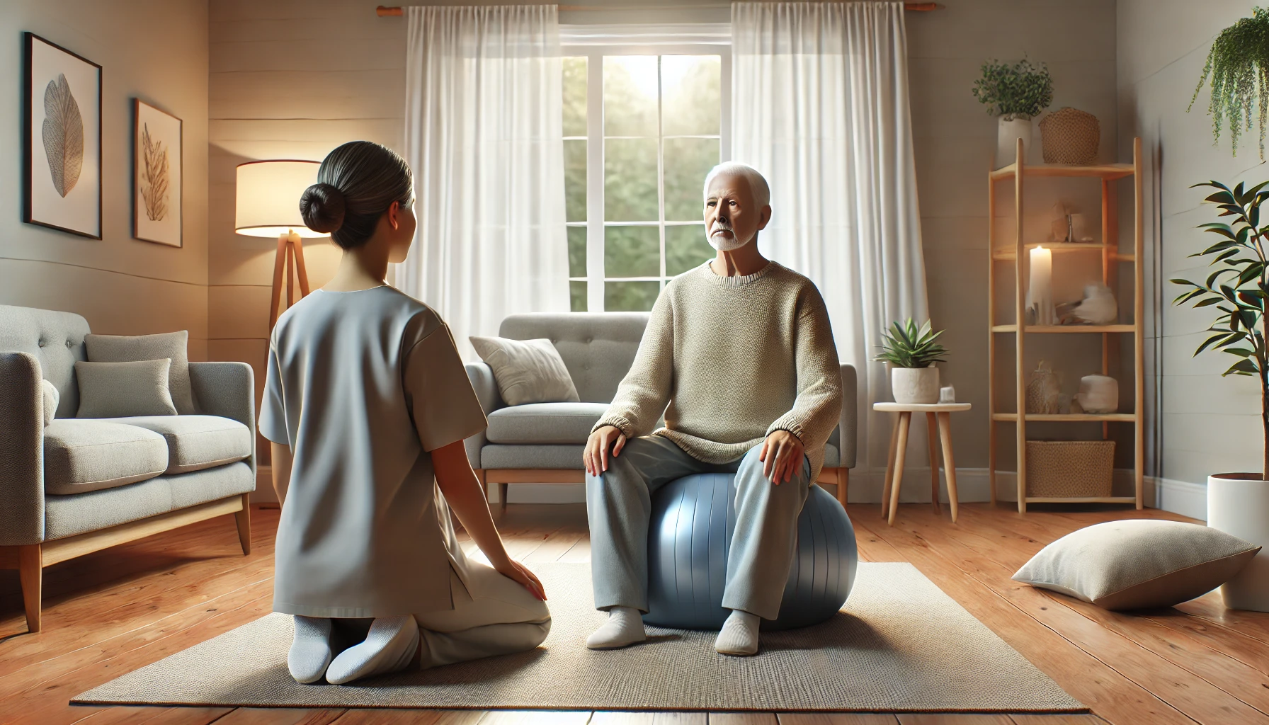 A realistic image of an elderly person practicing mindfulness in a quiet room with a caregiver guiding the session.