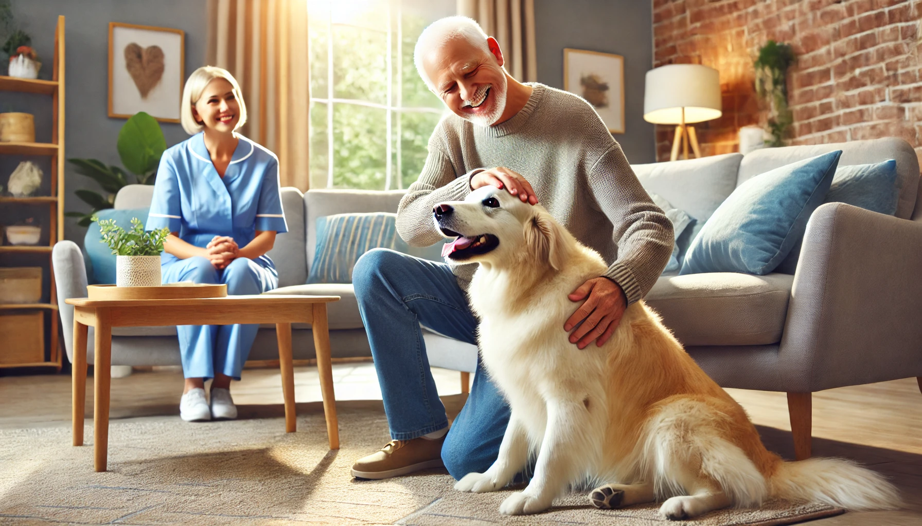 Elderly person happily interacting with a therapy dog in a comfortable living room.