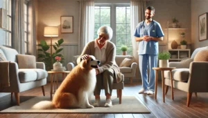 Ederly person interacting with a therapy dog in a cozy living room