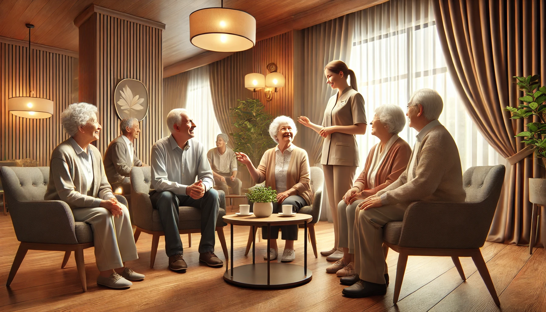 Elderly people socializing in a comfortable, well-lit lounge area.