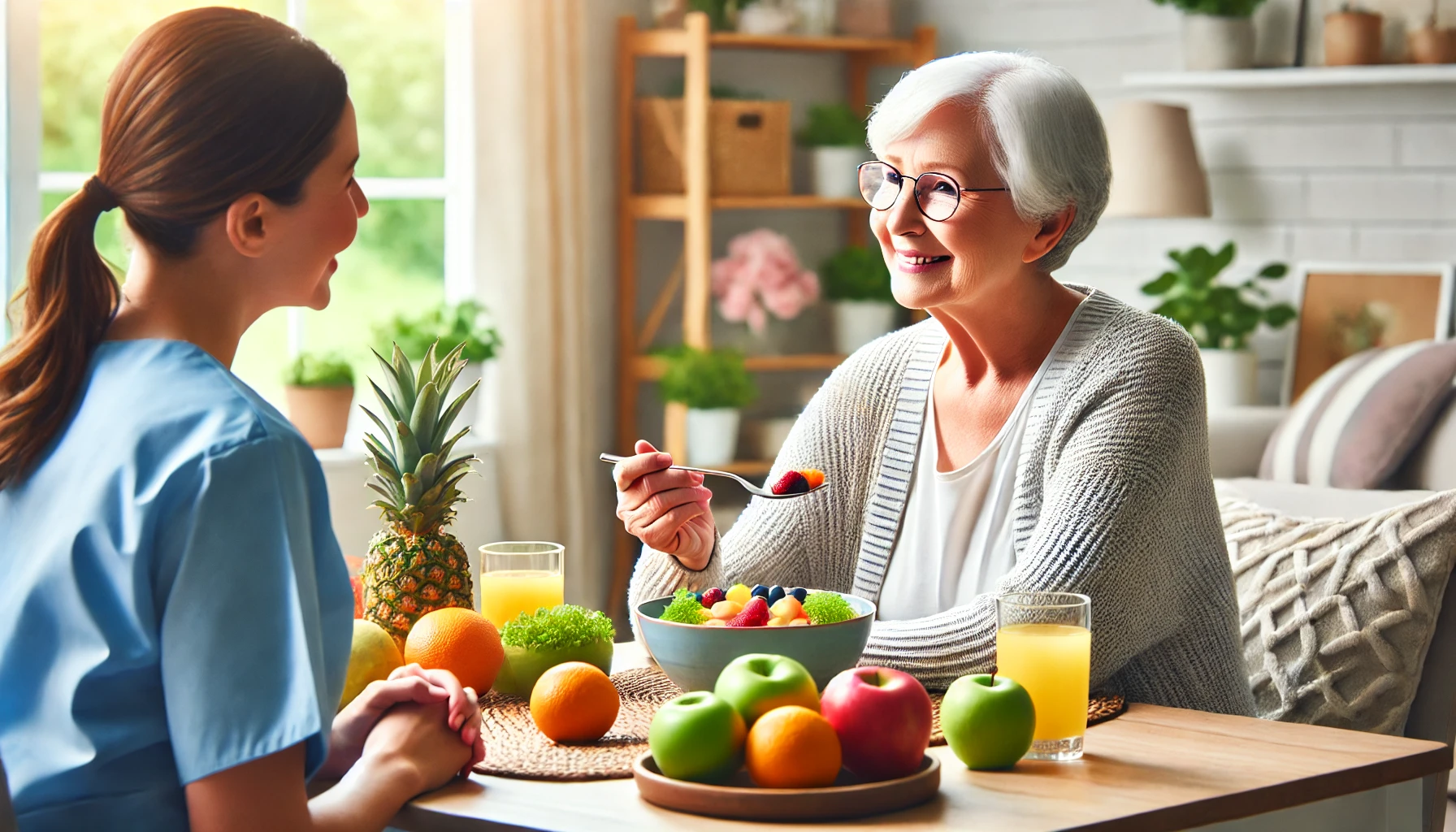 Elderly person enjoying a nutritious meal with fresh fruits and vegetables in a bright, welcoming dining area.