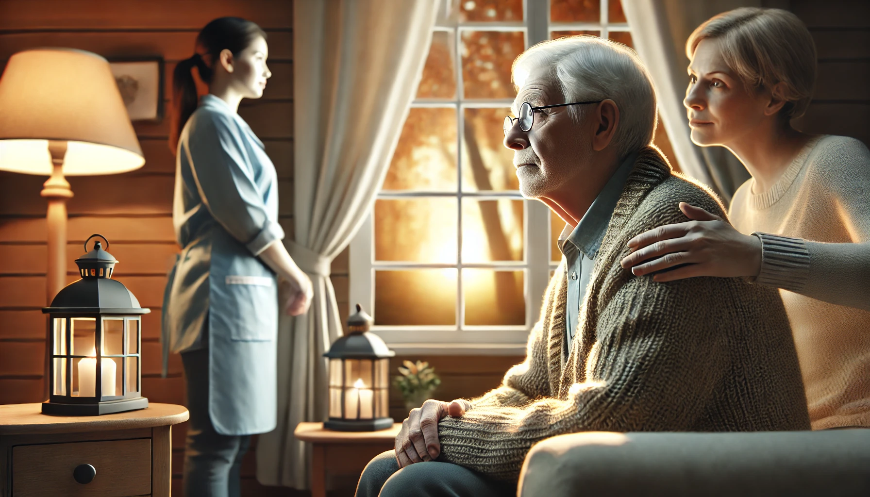 Elderly person looking thoughtfully out a window, with a caregiver nearby, creating a sense of reflection.