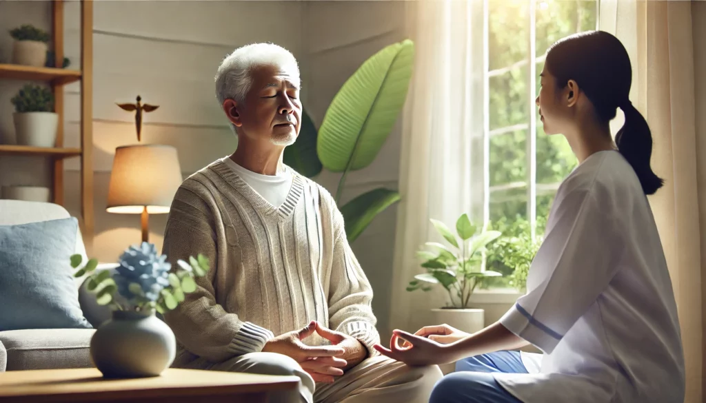 Elderly person practicing mindfulness with a caregiver in a peaceful room