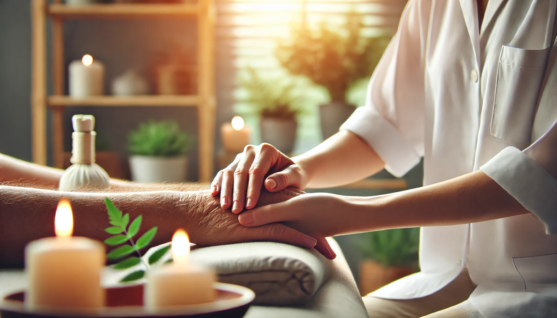 Elderly person receiving a gentle massage or therapy in a peaceful, softly lit room