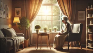 Elderly person sitting by a window with a thoughtful expression, looking outside as light filters through the curtains