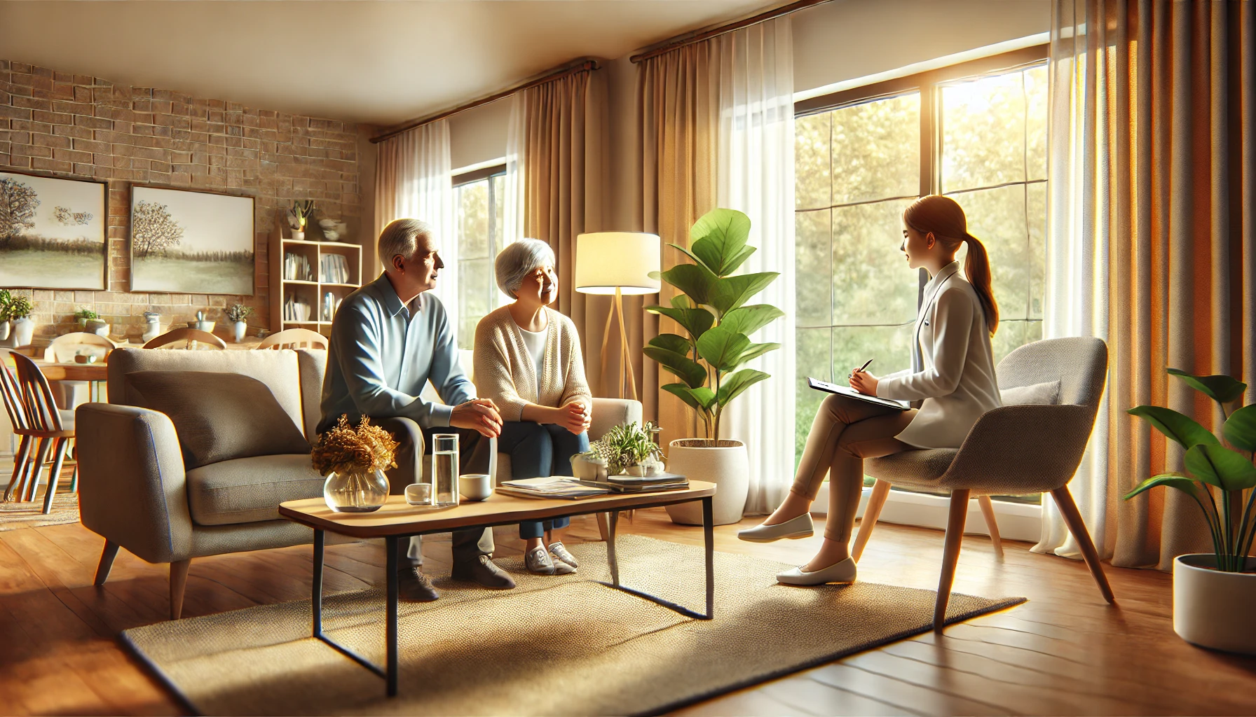 Family visiting a senior care home, sitting together in a cozy living room, discussing care options with a caregiver