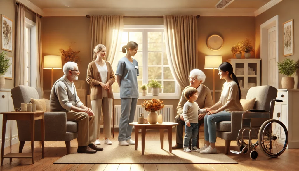 Family visiting a senior care home, warmly lit interior with cozy furnishings.