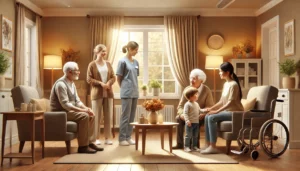 Family visiting a senior care home, warmly lit interior with cozy furnishings.