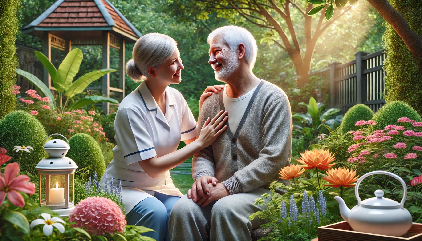 Gentle moment between an elderly person and a caregiver in a serene outdoor garden