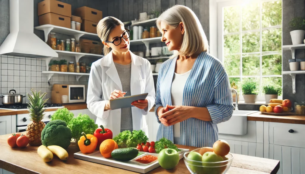 Senior woman in a bright kitchen preparing a healthy meal with fresh fruits and vegetables on the counter