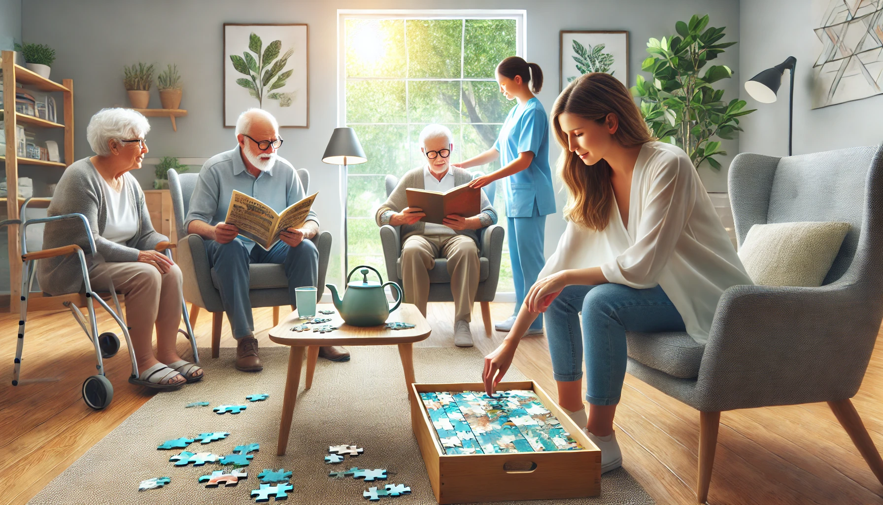 Seniors engaging in cognitive-enhancing activities, like puzzles and reading, in a comfortable, well-lit room.