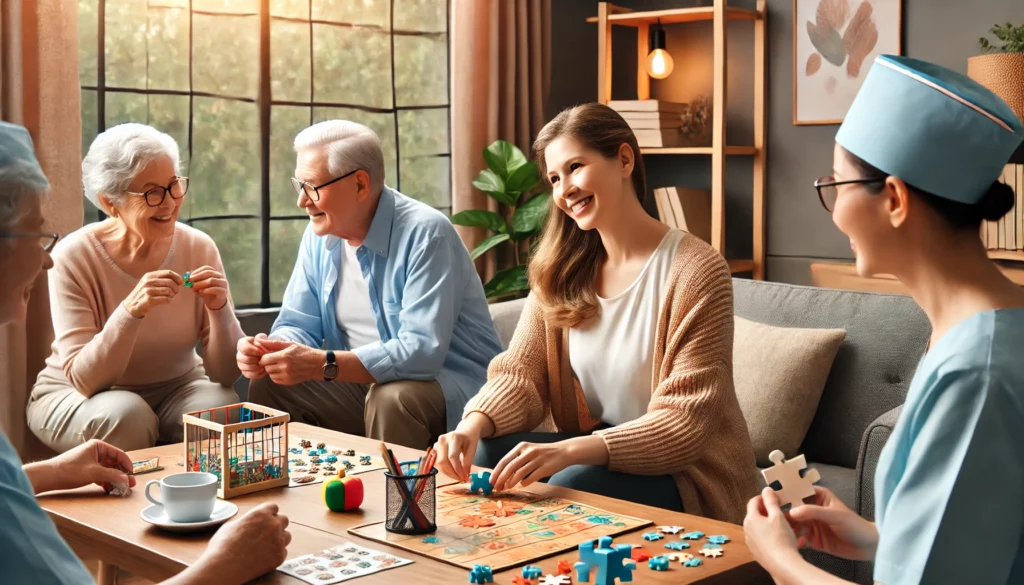 Seniors participating in cognitive-enhancing activities in a cozy, well-lit room