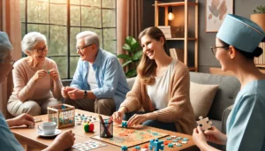 Seniors participating in cognitive-enhancing activities in a cozy, well-lit room